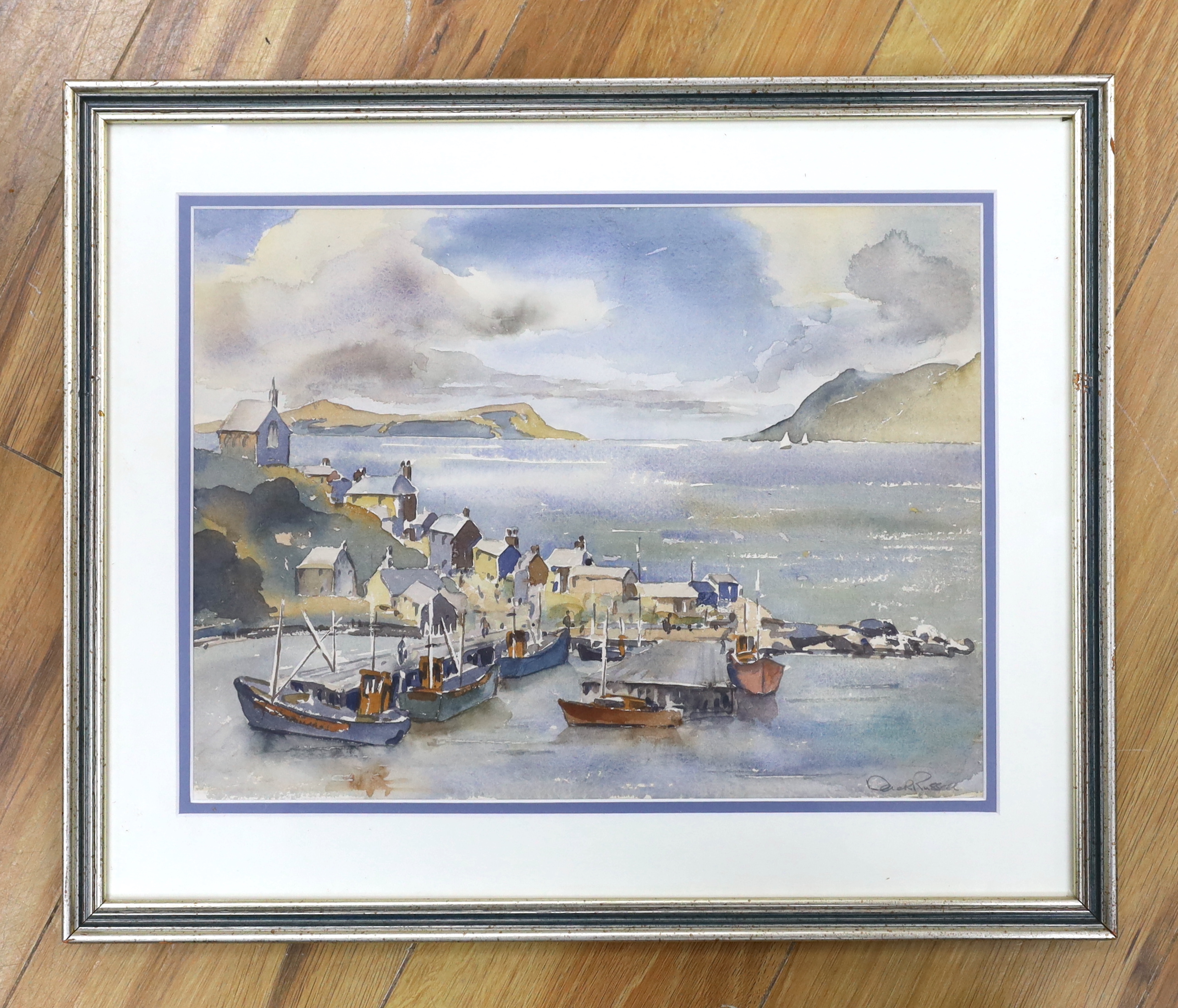 Derek Russell (Contemporary), watercolour, Scottish harbour, signed, 28x37cm